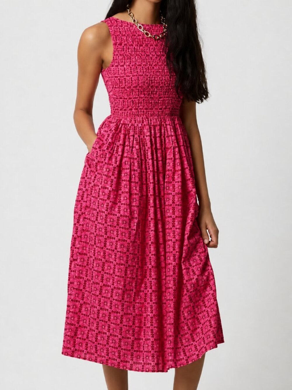 J.Crew Smocked Boatneck Midi Dress XL Pink Cotton Pockets